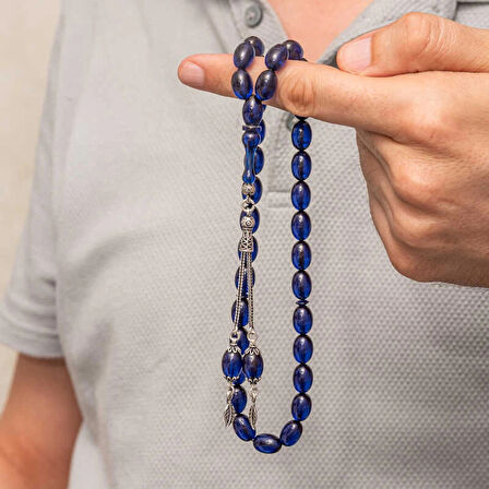 Supertrend Gümüş Püsküllü Lacivert Sıkma Kehribar Tesbih