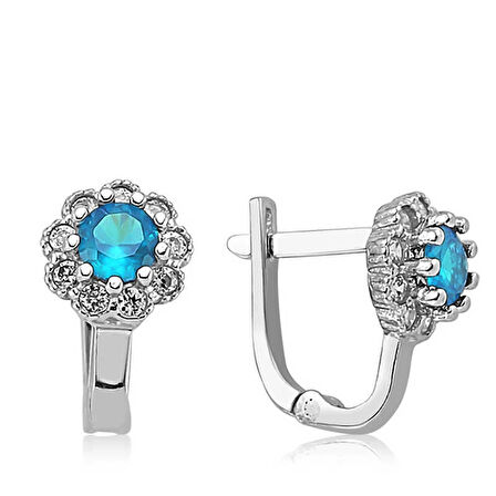 Supertrend Gümüş Turkuaz Çiçek Desenli Yuvarlak J Kadın Küpe