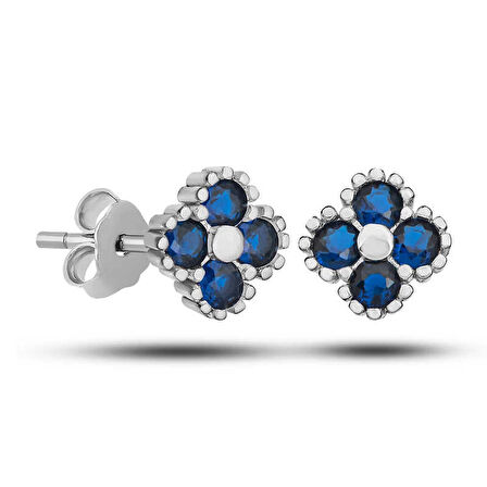 Supertrend Gümüş Yonca Çivili Mavi Taşlı Çocuk Küpe