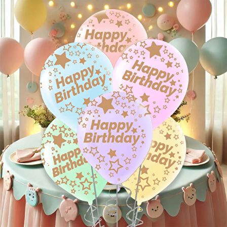 Çepeçevre Yıldızlı Happy Birthday Baskılı Karışık Renk Makaron Balon 11"