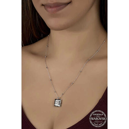 Supertrend ' Crystal Taşlı Top Zincir Siyah Elmas Gümüş Kadın Kolye