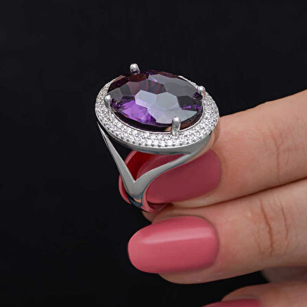 Supertrend Gümüş Ametist Taşlı  Kadın Yüzük