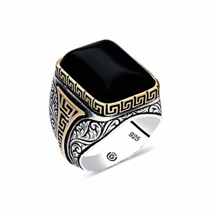 Supertrend Gümüş Oniks Siyah Taşlı Kare Erkek Yüzük