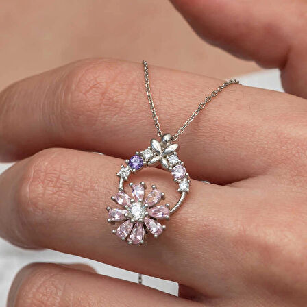 Supertrend Gümüş Pembe Dönen Çiçek Kadın Kolye