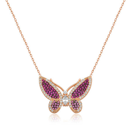 Supertrend Gümüş Rose Pembe Kelebek Kadın Kolye