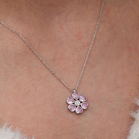 Supertrend Gümüş Pembe Kalpli Çiçek Kadın Kolye