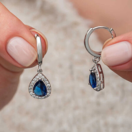 Supertrend Gümüş Lacivert Zirkon Taşlı Damla Küpe