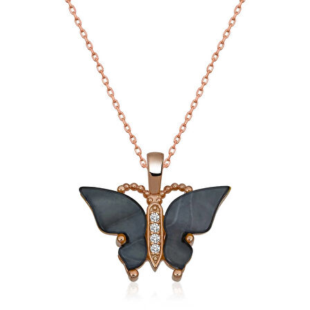 Supertrend Gümüş Rose Antrasit Kaplangözü Taşlı Kelebek Kolye