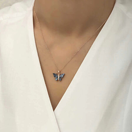 Supertrend Gümüş Rose Antrasit Kaplangözü Taşlı Kelebek Kolye