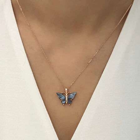 Supertrend Gümüş Rose Antrasit Kaplangözü Taşlı Kelebek Kolye