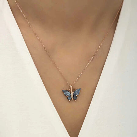 Supertrend Gümüş Rose Antrasit Kaplangözü Taşlı Kelebek Kolye