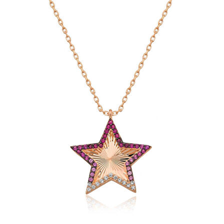 Supertrend Gümüş Rose Pembe Fırfır Desenli Yıldız Kadın Kolye