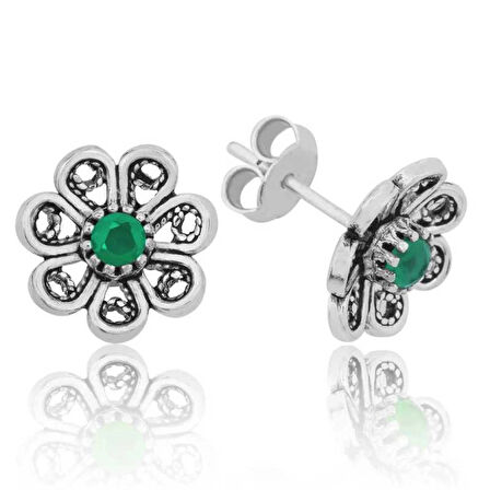 Supertrend Gümüş Yeşil Telkari Çiçek Çivili Küpe