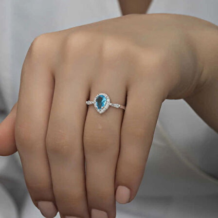 Supertrend Gümüş Turkuaz Damla Taşlı Kadın Yüzük