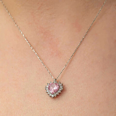 Supertrend Gümüş Pembe Taşlı Kalp Kadın Kolye