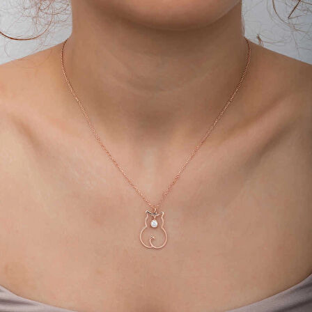 Supertrend Gümüş Nisan Ayı Doğum Taşı Kedi Kadın Kolye