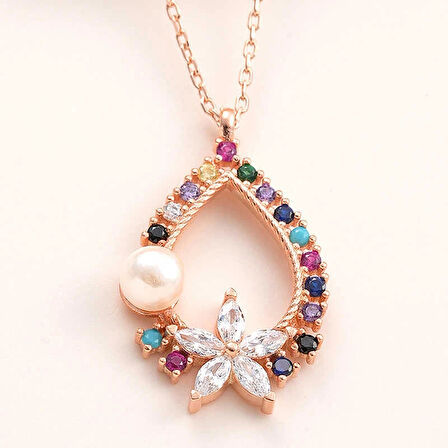 Supertrend Gümüş Rose Renkli Taşlı Çiçekli Kadın Kolye