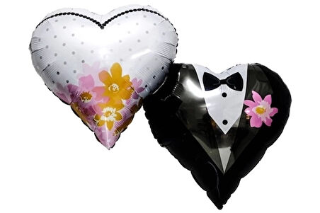 Gelin & Damat Desenli Kalp Folyo Balon 18"