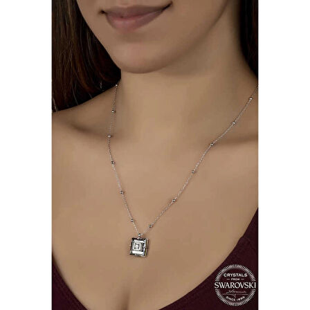 Supertrend Swa Crystal Taşlı Top Zincir Siyah Elmas Gümüş Kadın Kolye