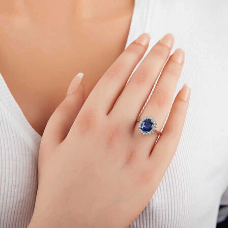 Supertrend Gümüş Mavi Taşlı Oval Kadın Yüzük