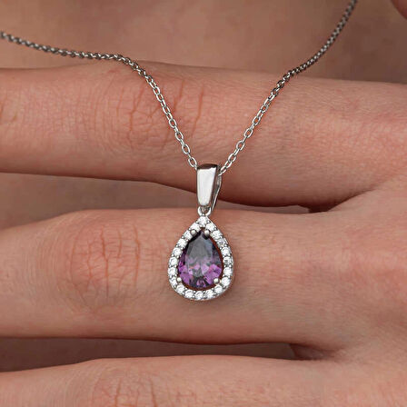 Supertrend Gümüş Damla Mor Taşlı Kadın Kolye