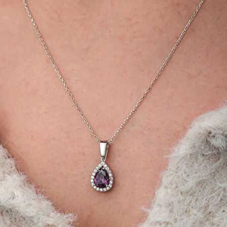 Supertrend Gümüş Damla Mor Taşlı Kadın Kolye