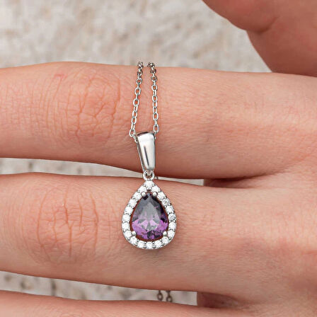 Supertrend Gümüş Damla Mor Taşlı Kadın Kolye