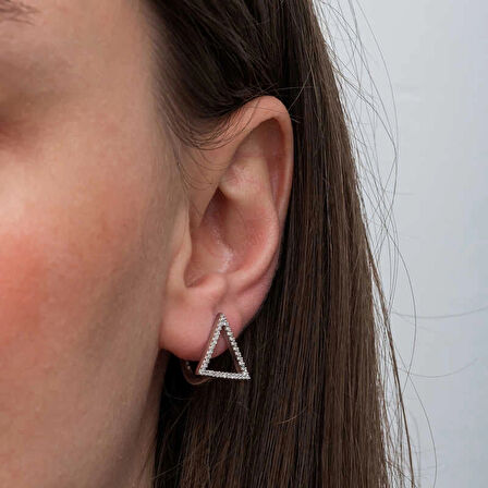 Supertrend Gümüş Beyaz Taşlı Üçgen Küpe