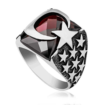 Supertrend ​gümüş Kırmızı Kesme Taşlı Ay Yıldız Erkek Yüzük