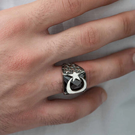 Supertrend ​gümüş Kırmızı Kesme Taşlı Ay Yıldız Erkek Yüzük