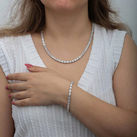 Supertrend Gümüş Beyaz Taşlı Su Yolu Kadın Set