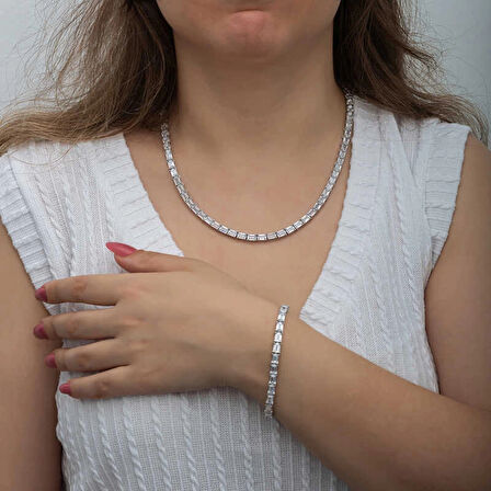 Supertrend Gümüş Beyaz Taşlı Su Yolu Kadın Set