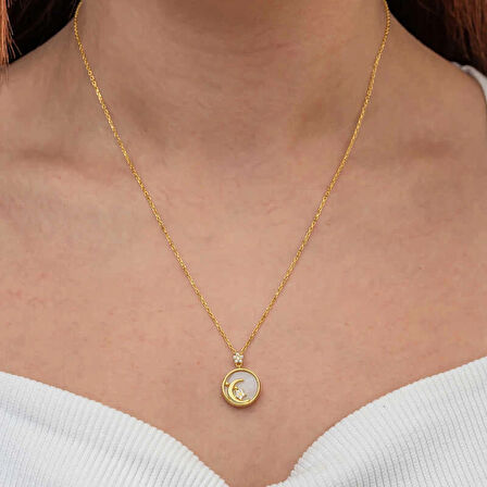 Supertrend Gümüş Gold Sedef Taşlı Ay Yıldız Hilal Kadın Kolye