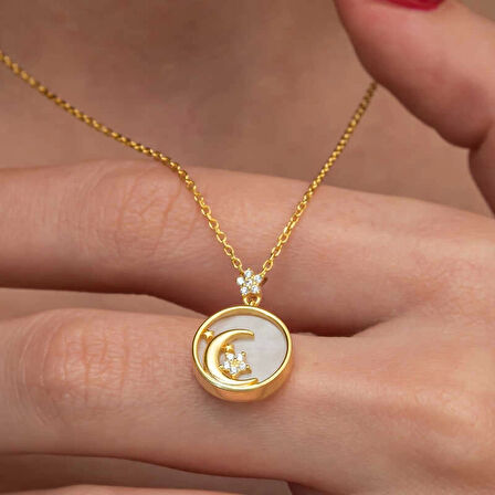 Supertrend Gümüş Gold Sedef Taşlı Ay Yıldız Hilal Kadın Kolye