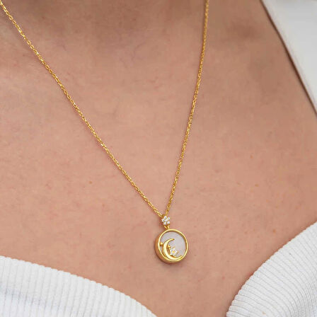 Supertrend Gümüş Gold Sedef Taşlı Ay Yıldız Hilal Kadın Kolye