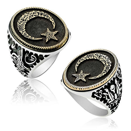 Supertrend Gümüş Göktürkçe Alfabesi Yazılı Ay Yıldız Erkek Yüzük