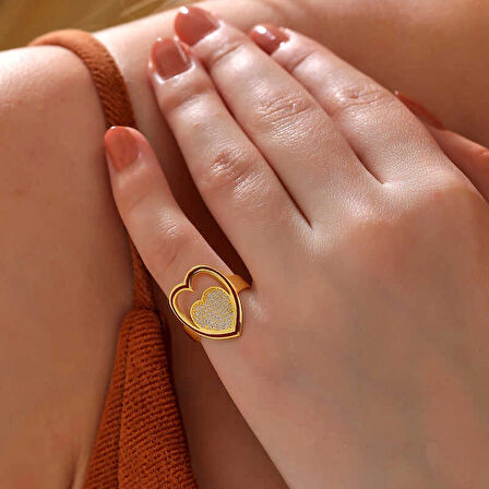 Supertrend Gümüş Gold Beyaz Taşlı Kalpli Kadın Yüzük