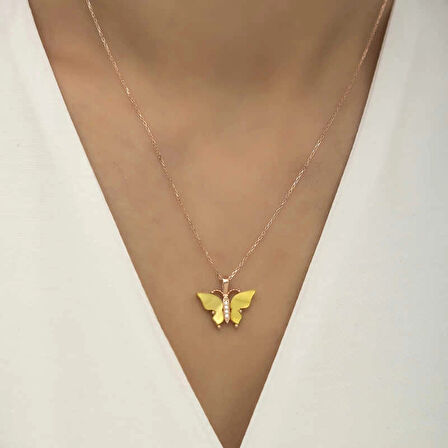 Supertrend Gümüş Rose Sarı Kaplangözü Taşlı Kelebek Kolye