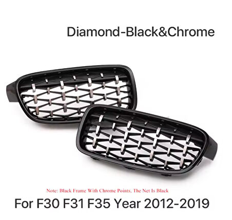 Bmw 3 Serisi F30 F31 F35 Uyumlu Diamond Ön Panjur Izgara Böbrek Piano Black ve  Krom 2012-2019