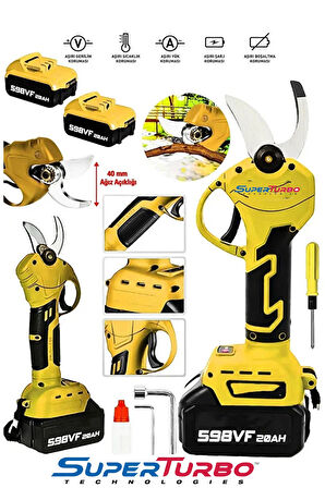 Germany Çelik Şanzuman 40mm Ağızlı Çift Akülü Budama Makası Teleskopik Uzatmaya Uygun Şarjlı Makas