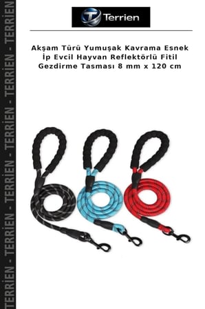 Akşam Türü Yumuşak Kavrama Esnek İp Evcil Hayvan Reflektörlü Fitil Gezdirme Tasması 8 mm x 120 cm