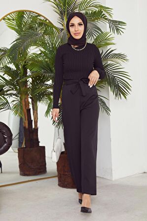 Bel Lastik Detaylı Bol Pantolon-Siyah