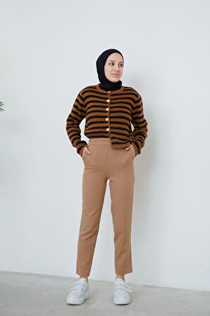 Bel Lastikli Cep Detaylı Pantolon-Karamel