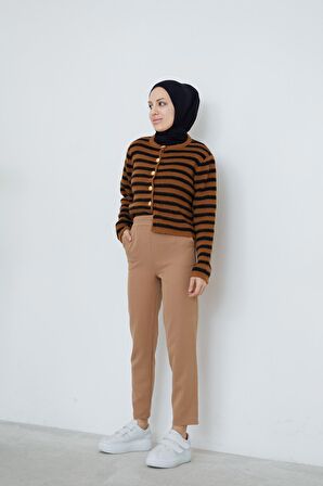 Bel Lastikli Cep Detaylı Pantolon-Karamel