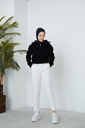 Bel Lastikli Cep Detaylı Pantolon-Ekru