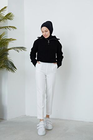 Bel Lastikli Cep Detaylı Pantolon-Ekru