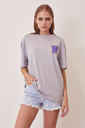 W Baskılı T-shirt-Gri