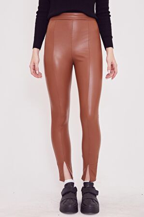 Paça Yırtmaçlı Deri Tayt-Camel