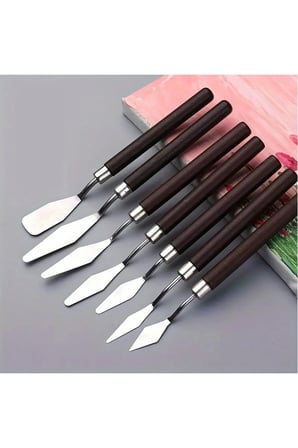 Spatula Seti Spatul Akrilik, Yağlı Boya, Pasta Süsleme, Kek Şekillendirme 7'li-ahşap Sap