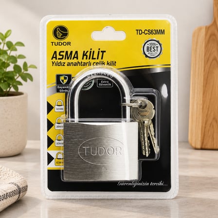 Çelik asma kilit kısa kancalı yıldız ve çivi anahtarlı